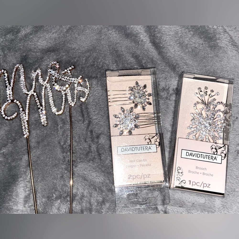 David Tutera rhinestone hair combs, brooch, cake topper trio